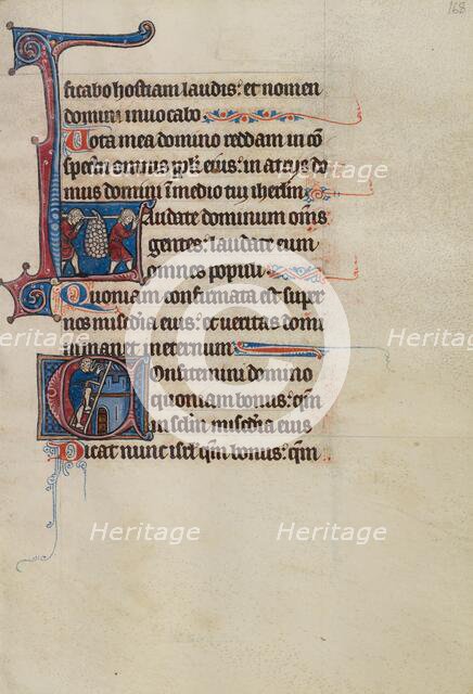 Initial L: Two Spies Carrying Grapes: Initial C: Man Scaling a Ladder; Bute Psalter, about 1285. Creator: Bute Master.
