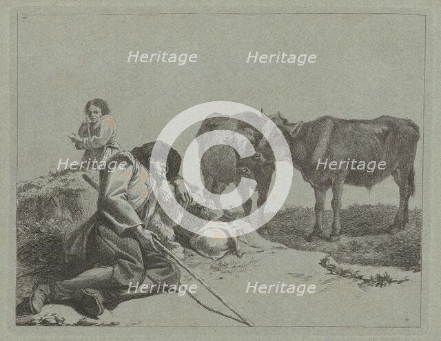 Sleeping Shepherd, Two Calves, and a Peasant Woman, 1762/1763. Creator: Francesco Londonio.