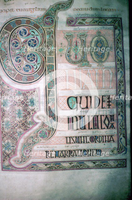 First page of St Lukes Gospel from the Lindisfarne Gospels, produced in Northumbria in the 7th centu Artist: Unknown