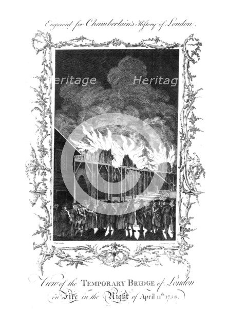 'View of the Temporary Bridge of London on Fire...1758.', c1770. Artist: Charles Grignion.