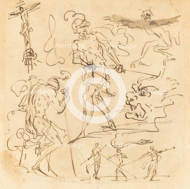 Sheet of Studies with a Soldier Drawing a Sword, a Crucifix, Monstrous Animals..., other Figures. Creator: Unknown.