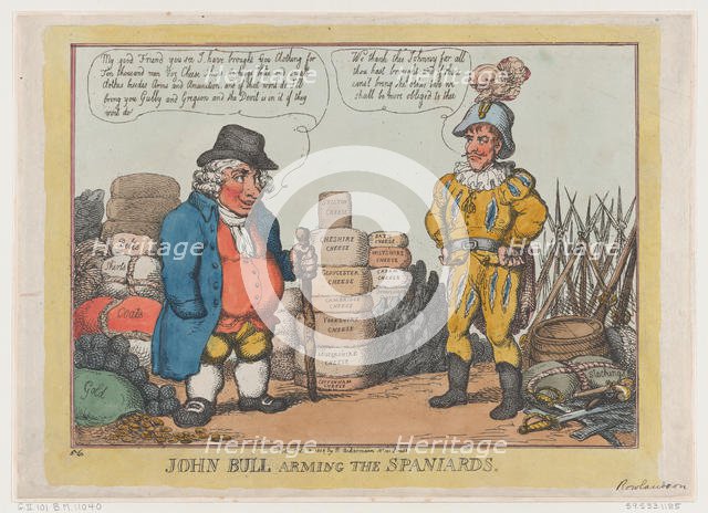 John Bull Arming The Spaniards, October 3, 1808., October 3, 1808. Creator: Thomas Rowlandson.