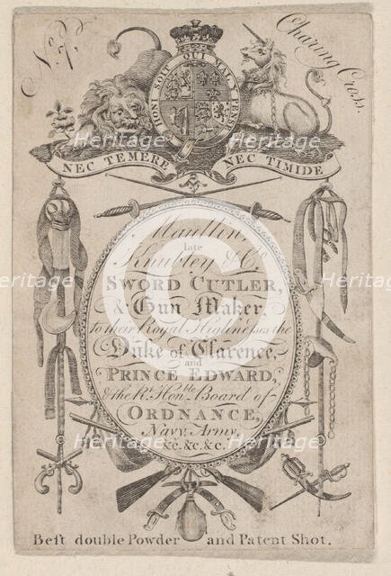 Trade Card Bearing the Name of the Late Gunmaker John Knubley (1750-1795), ca. 17..., ca. 1795-1804. Creator: Anon.