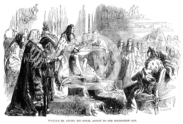 William III giving his royal assent to the Toleration Act. Artist: Unknown