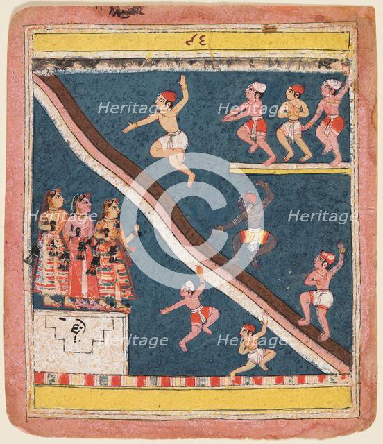 A page from Rasikapriya of Kesava Das: Krishna and the Gopas Dive into a pond, c. 1640. Creator: Unknown.