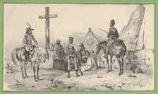 Soldiers gathered in front of a church with priests and a crucifix, mid-19th century. Creator: Victor Adam.