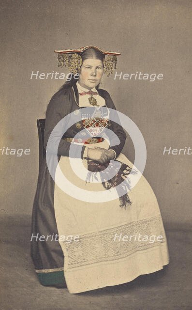 Brud fra Vos. woman in traditional Norwegian costume, July 1, 1870. Creator: Knud Knudsen.