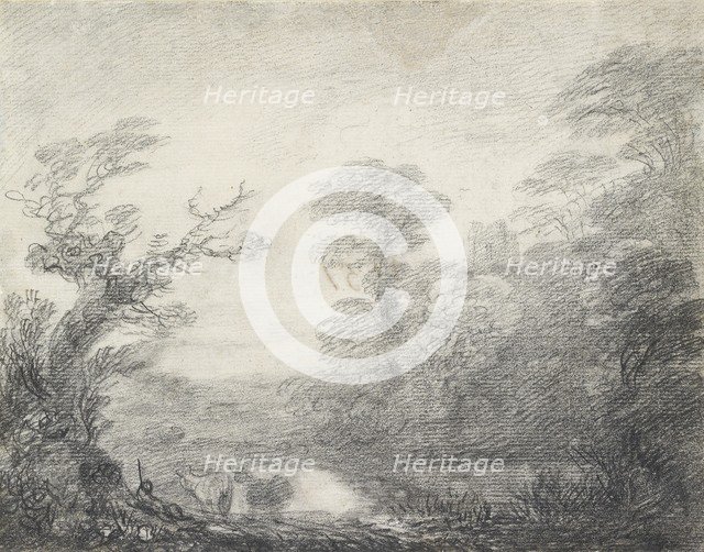 Wooded landscape with herdsman, cows and church tower, 1753-1757. Artist: Thomas Gainsborough.