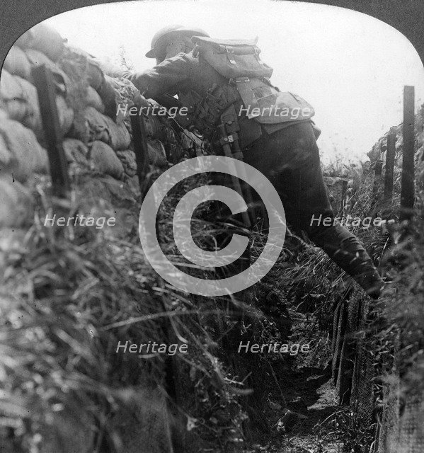 Canadian infantry in the trenches, World War I, 1914-1918.Artist: Realistic Travels Publishers