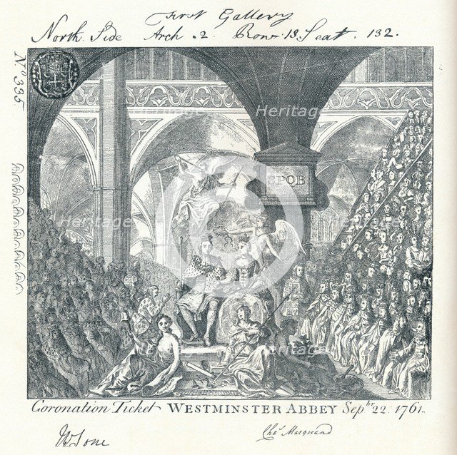 Engraved ticket for the Coronation ceremony of George III in Westminster Abbey' 1761 (1906). Artist: George Bickham