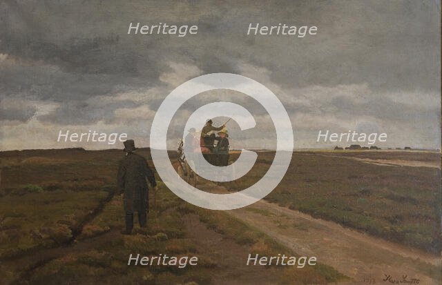 Heath landscape with a day wagon, 1913. Creator: Hans Smidth.