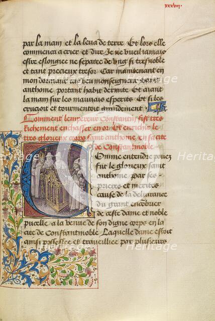 Initial C: The Emperor of Constantinople Enshrining the Body of Saint Anthony, about 1465-1470. Creators: Master of the Brussels Romuléon, Workshop of the Master of the Brussels Romuléon.