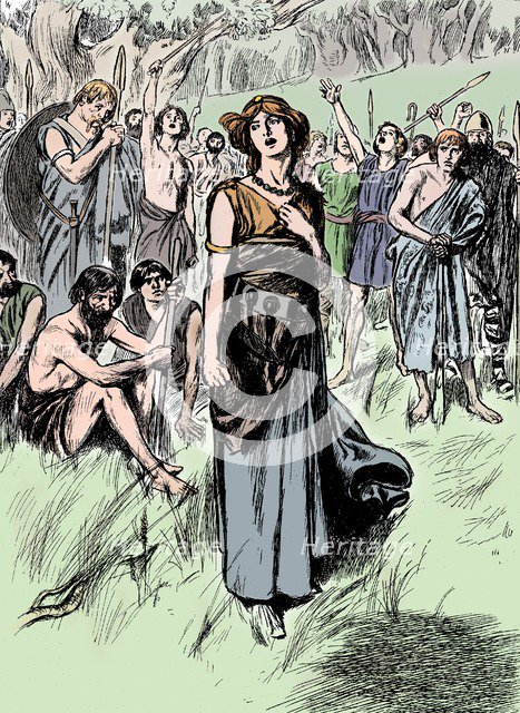 Boudicca (Boadicea) lst century British queen of the Iceni, rallying her troops, c1900. Artist: Unknown.