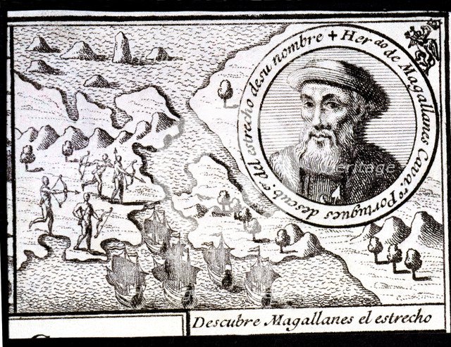 Magellan discovers the Strait', engraving from 1726, Ferdinand Magellan (1480-1521), Portuguese n…