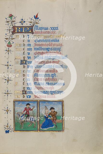 Calendar Page for May: Hawking and Courting: Gemini; Book of Hours, about 1450-1455. Creator: Master of the Lee Hours.