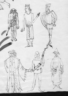 Page of sketches, people in period costume, c1950. Creator: Shirley Markham.