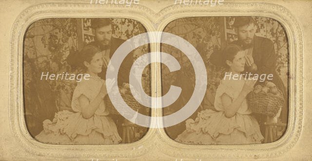 Unidentified couple: bearded man holding a single piece of fruit with a woman holding..., about 1865 Creator: Unknown.
