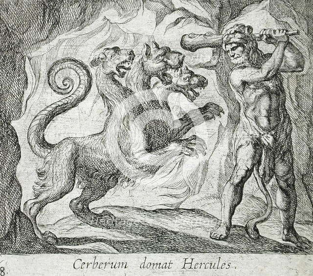 Hercules and Cerberus, published 1606. Creators: Antonio Tempesta, Wilhelm Janson.
