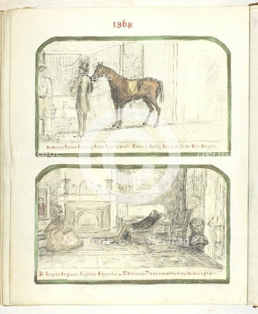Untitled [man with horse, and couple relaxing by the fire], 1868. Creator: Georgina Cowper.
