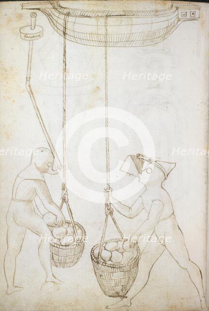 Pen-and-ink drawing showing designs for breathing apparatus for divers, early 16th century. Creator: Francesco di Giorgio Martini.
