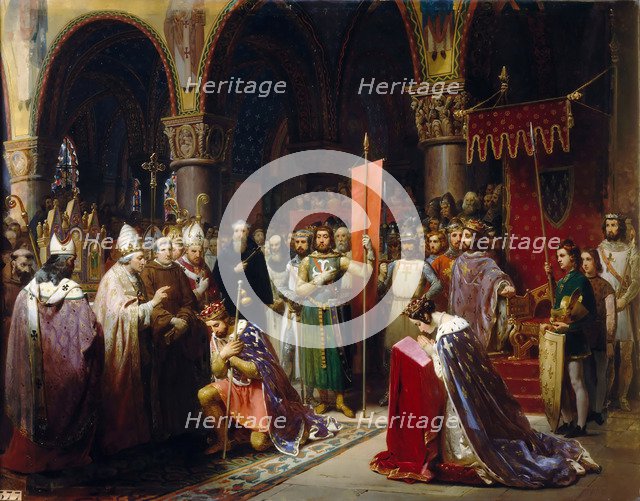 King Louis VII takes the standard at Saint-Denis. Artist: Mauzaisse, Jean-Baptiste (1784-1844)