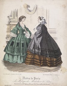 Two women wearing the latest fashions, 1858. Artist: Anon