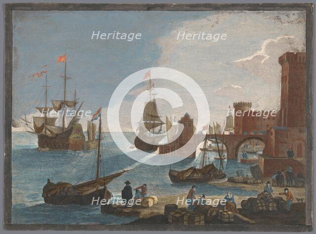 View of a seaport with ships and boats on the water, 1753-1797. Creators: Pierre François Basan   , Pierre Fouquet.
