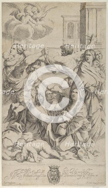 Massacre of the Innocents; group of women and children being attacked, two angels a..., ca. 1640-70. Creator: Gian Battista Bolognini.