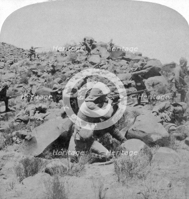 The Warwicks skirmishing with Boers near Weppener, east of Bloemfontein, South Africa, 1901. Artist: Underwood & Underwood