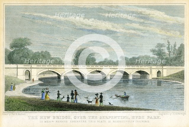 The New Bridge over the Serpentine, Hyde Park, London, 1827.Artist: MS Barenger