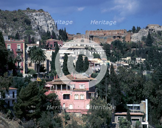 View from Via Roma to Greek theatre, Taormina, Sicily, Italy.