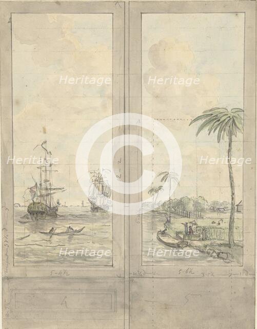 Design for two wallpapers: river with ships in the colonies, c.1752-c.1819. Creator: Juriaan Andriessen.