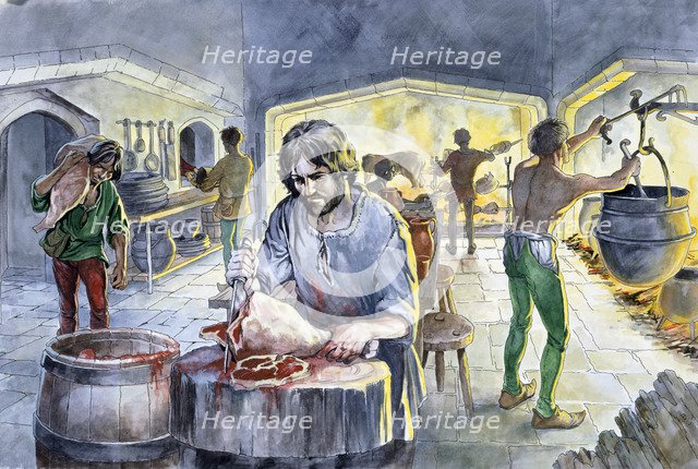 Kitchen in the Middle Ages, c14th century, (c1990-2010) Artist: Philip Corke.
