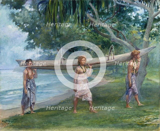 Girls Carrying a Canoe, Vaiala in Samoa, 1891. Creator: John La Farge.
