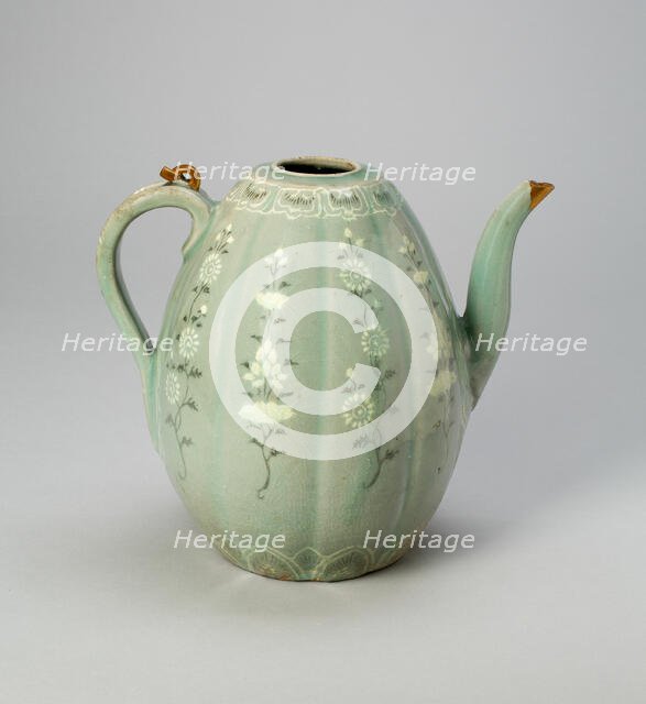 Melon-Shaped Ewer with Stylized Floral Scrolls, Korea, Goryeo dynasty (918-1392), 13th century. Creator: Unknown.