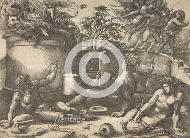 Cain holding a mirror watching his sacrifice engulfed in flames, Adam and Eve seate..., ca. 1530-50. Creator: Agostino Veneziano.