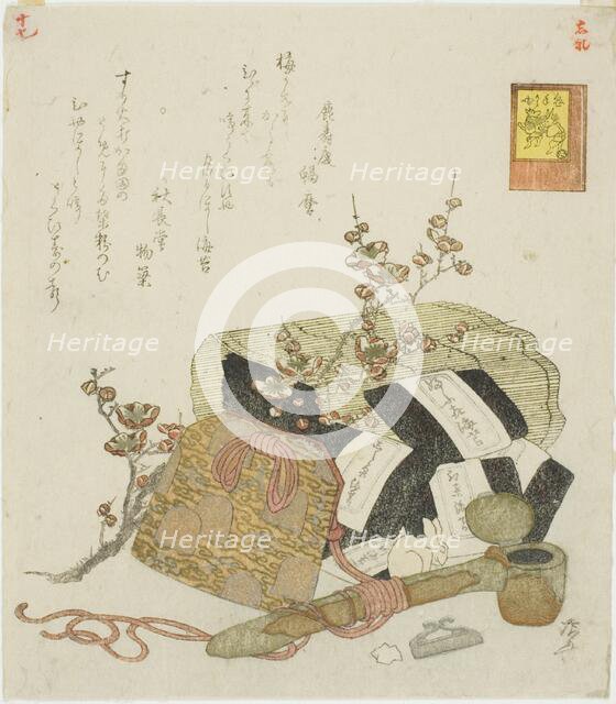 Seaweed, portable writing case, and plum branch, no. 5 from the series "The Rabbit's..., 1819. Creator: Shinsai.