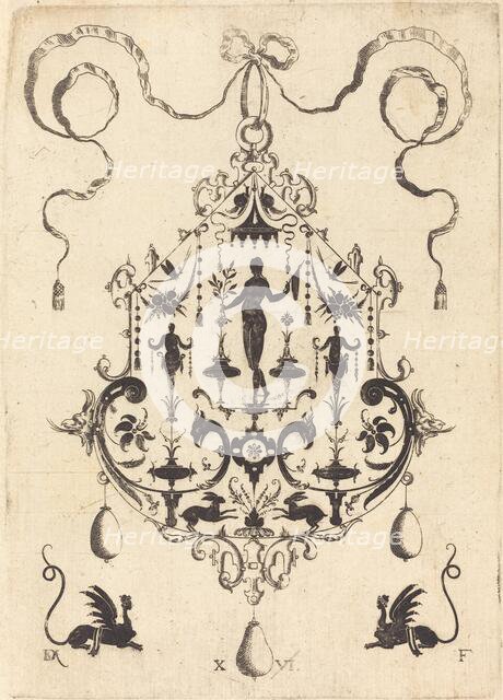 Large Pendant, Victory Flanked by Two Herms at Centre, 1596. Creator: Daniel Mignot.