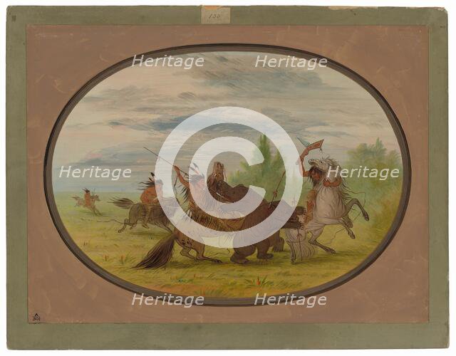 K'nisteneux Indians Attacking Two Grizzly Bears, 1861/1869. Creator: George Catlin.