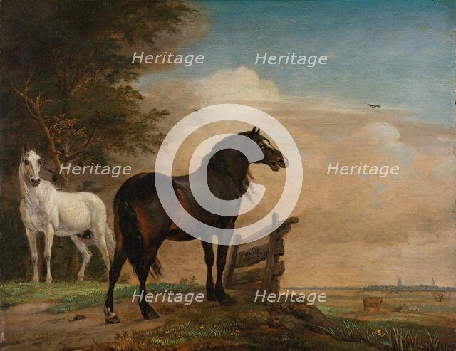 Two Horses in a Meadow near a Gate, 1649. Creator: Paulus Potter.