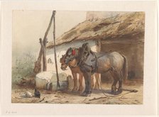 Two horses standing in front of a stable, 1851-1921. Creator: Wouter Verschuur.
