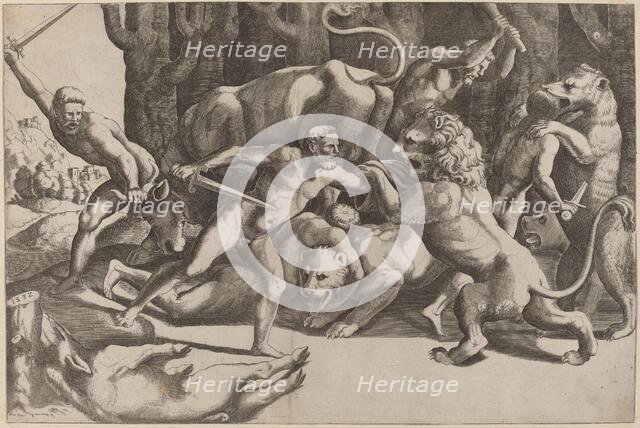 Five Men Fighting Beasts, 1532. Creator: Master of the Die.