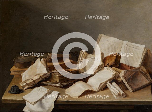 Still Life with Books and a Violin, 1628. Creator: Jan Davidsz de Heem.