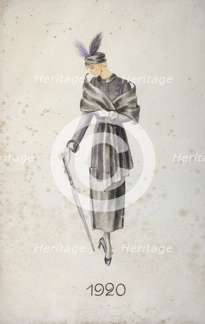 Model wearing a coat and a hat with feathers, carrying an umbrella, 1920. Artist: Unknown
