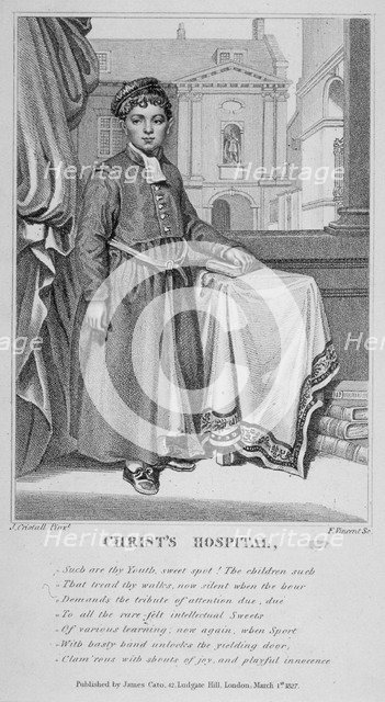 Christ's Hospital pupil with the school buildings in the background, City of London, 1827. Artist: F Vincent