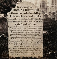 Winchester: tombstone of Thomas Thetcher, who "died of a violent fever contracted by..., 1800-1899. Creator: Unknown.