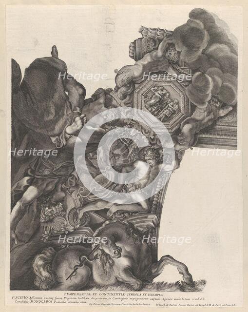 Plate 9: Allegory of Temperance with a unicorn and Publius Scipio Africanus at bottom,..., ca. 1677. Creator: Anon.