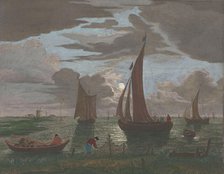 View off the coast with ships and boats on the water in moonlight, 1753-1797. Creators: Pierre François Basan   , Pierre Fouquet, Pierre Jacques Duret.