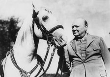 Sir Winston Churchill with one of Bernard Van Leer's circus horses at Chartwell, Kent, 1946 Artist: Unknown.