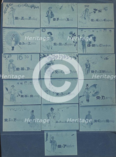 Photograph of 16 place cards drawn by Mills Thompson for artists, musicians, and actors..., 1896. Creator: Frances Benjamin Johnston.